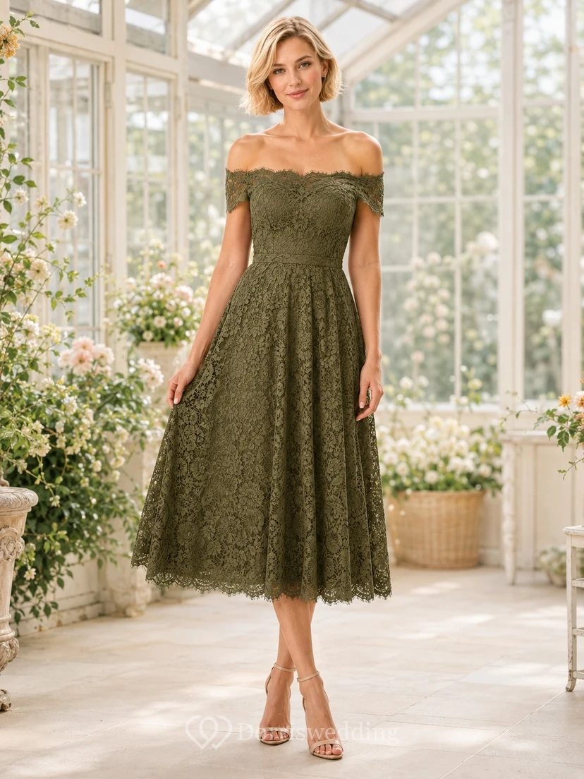 Olive Off-Shoulder Floral Lace Scalloped Tea-Length Elegant A-Line Guest Dress