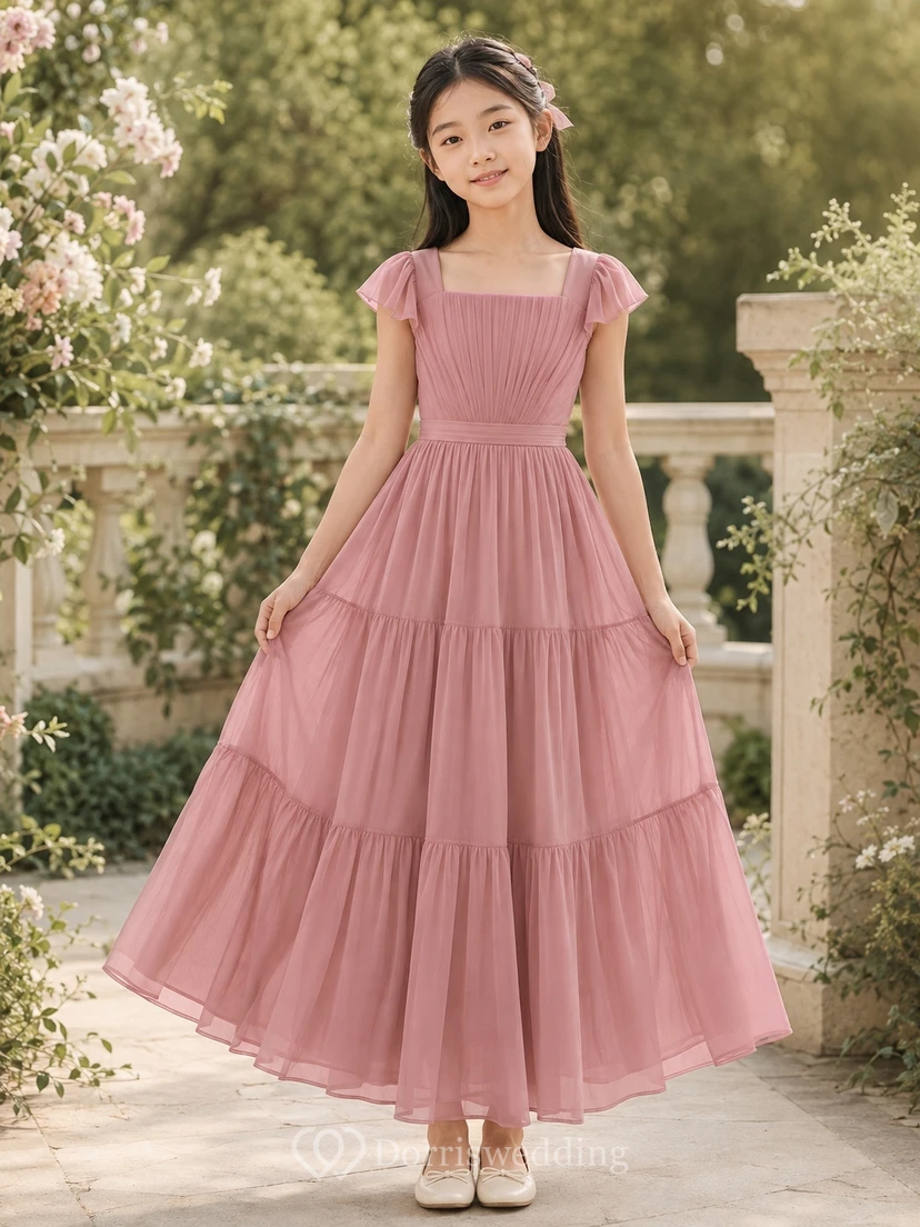 Romantisches, bodenlanges Chiffonkleid für junge Brautjungfern in Altrosa mit Puff-/Ballonärmeln, quadratischem A-Linien-Schnitt