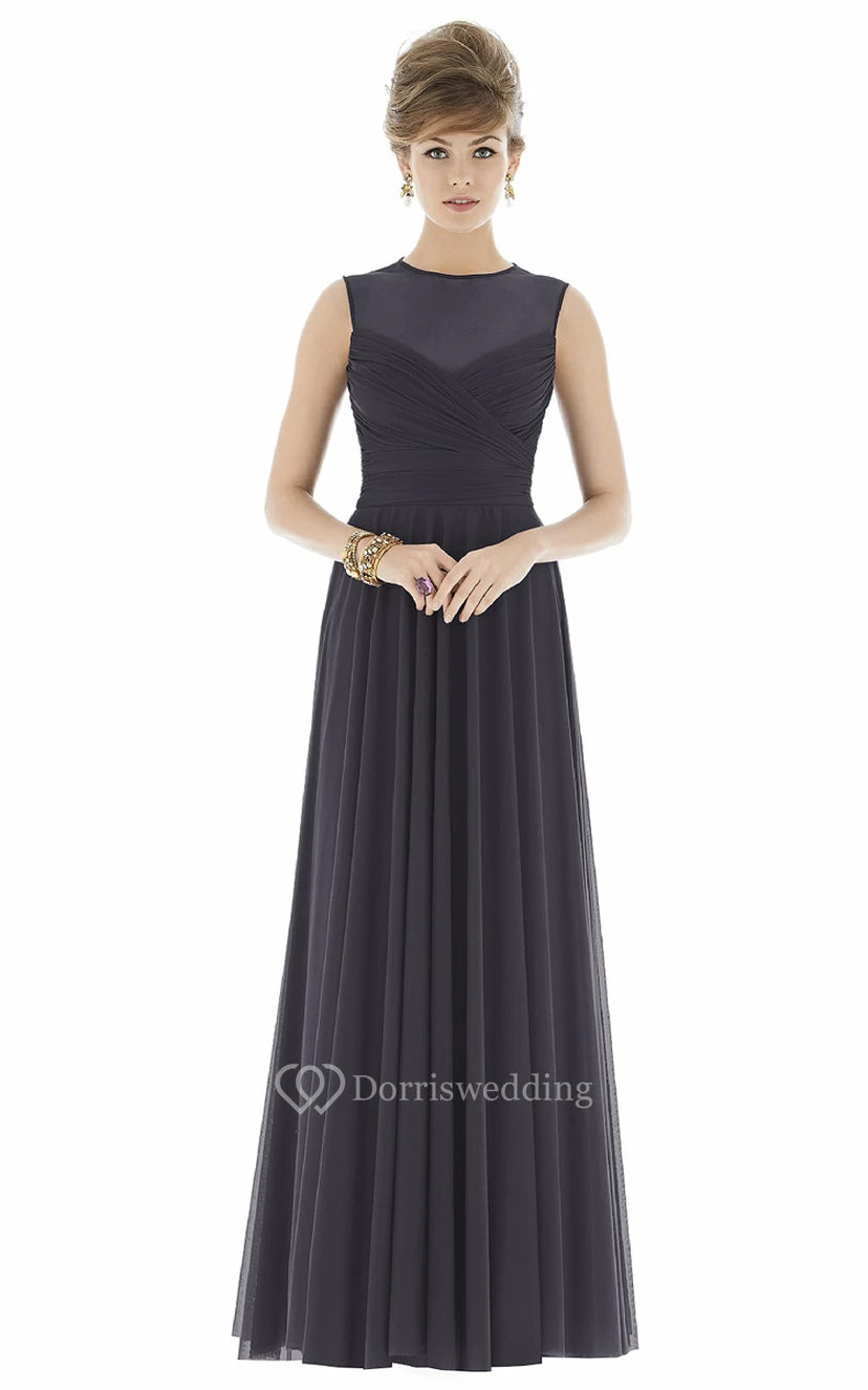 Feminine Sleeveless Pleated Floor-length Chiffon Dress With High Neck and Ruching