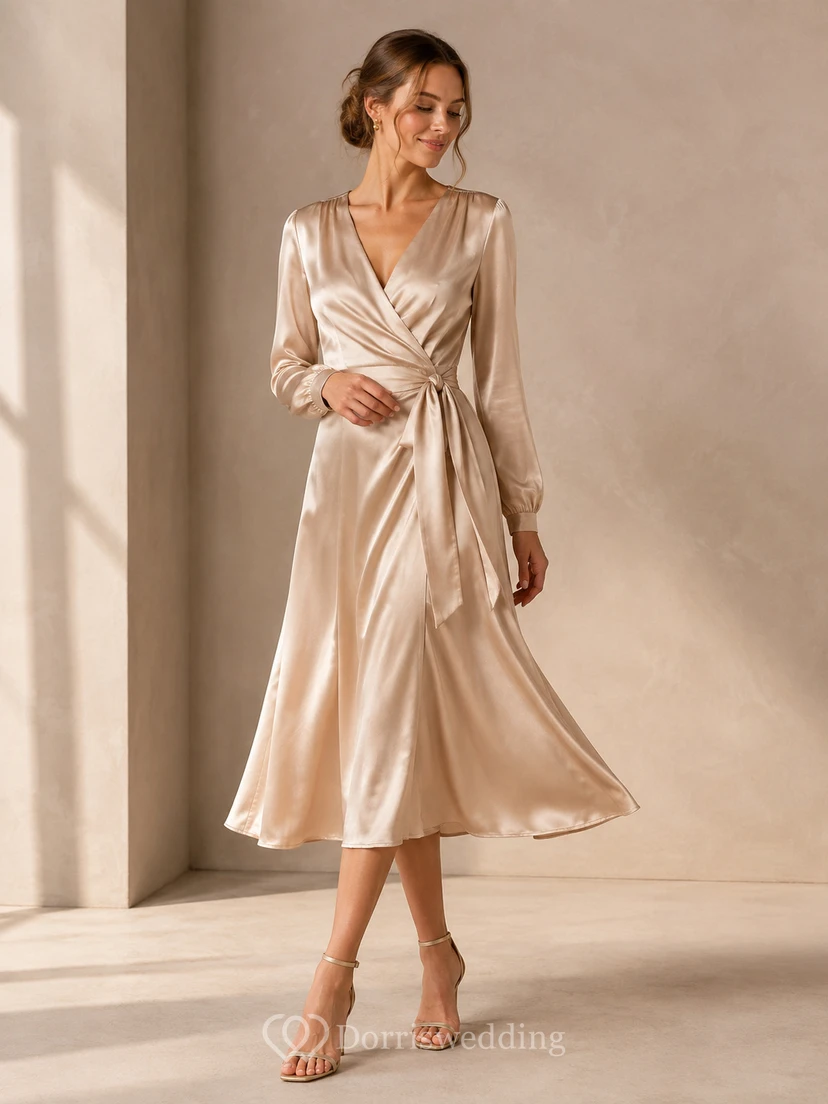 Champagnerfarbenes, langärmeliges Wickelkleid aus Satin mit V-Ausschnitt für Teegäste