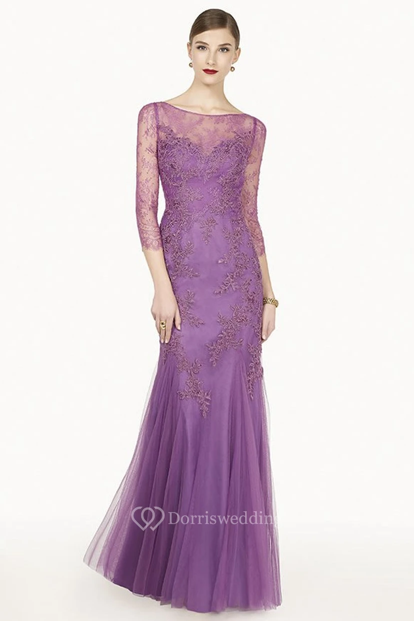 Besticktes Illusion-Abendkleid aus Tüll mit 3-4 Ärmeln und Applikationen