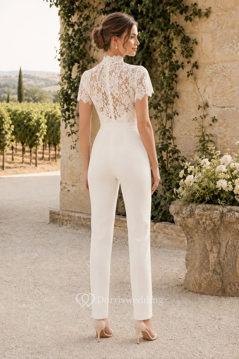 Combinaison de mariée à manches courtes, corsage en dentelle et dos illusion view 2