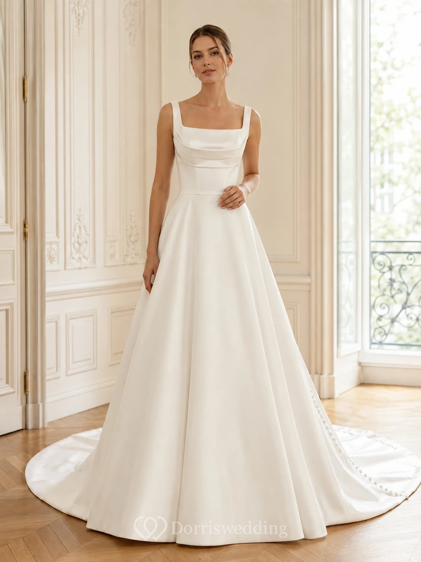 Robe de mariée minimaliste en satin naturel, col bénitier carré, sans manches, traîne cathédrale, style galerie.