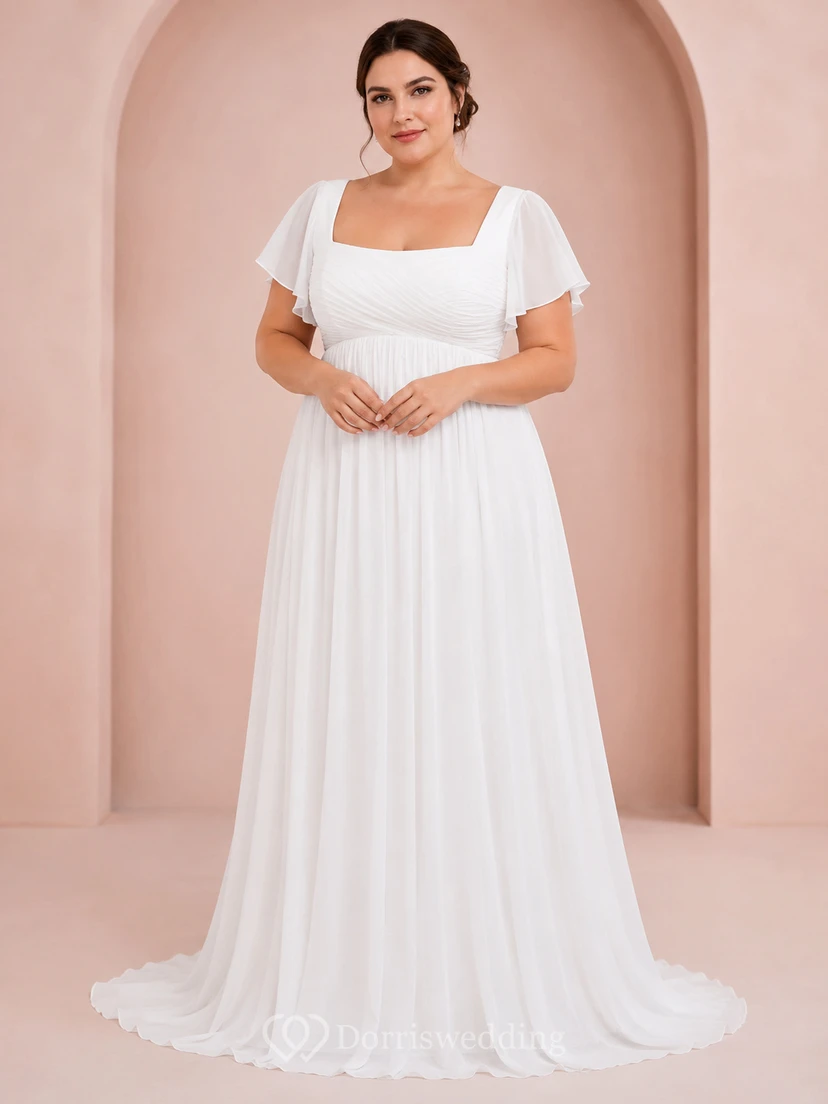 Vestido de novia de gasa de talla grande con cuello cuadrado y mangas con volantes