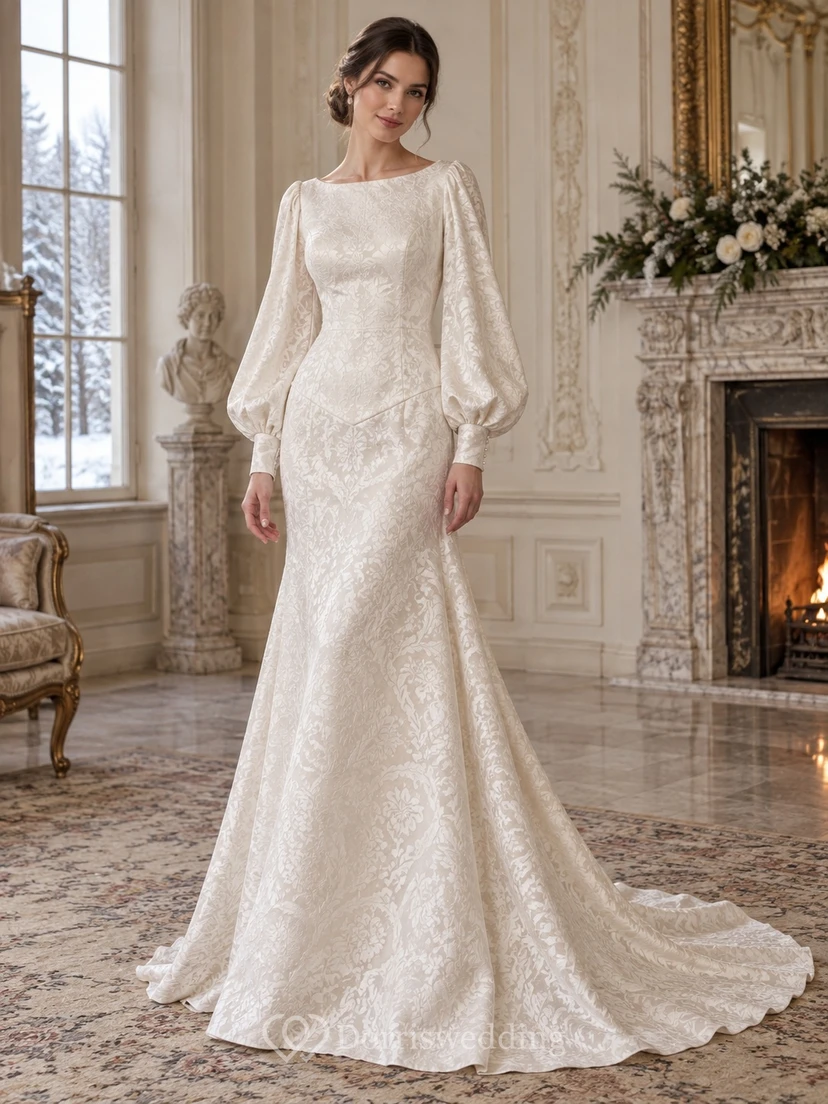 Vestido de novia de jacquard floral con mangas largas estilo sirena y escote barco.