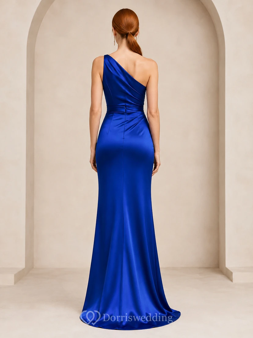 Royal Blue One Shoulder Satin Mermaid Formal Dress view 2