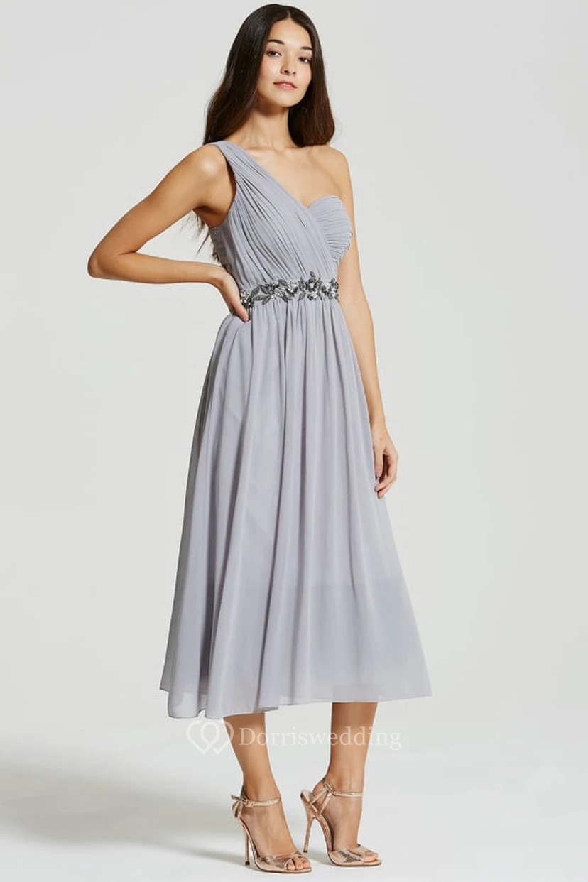 Tea-Length Sleeveless One-Shoulder Ruched Chiffon Bridesmaid Dress With Beading