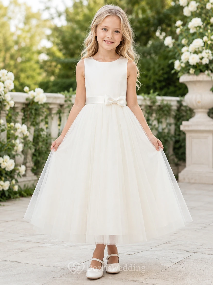 Bow Back Tulle A-Line Flower Girl Dress with Jewel Neck and Tea-Length Skirt