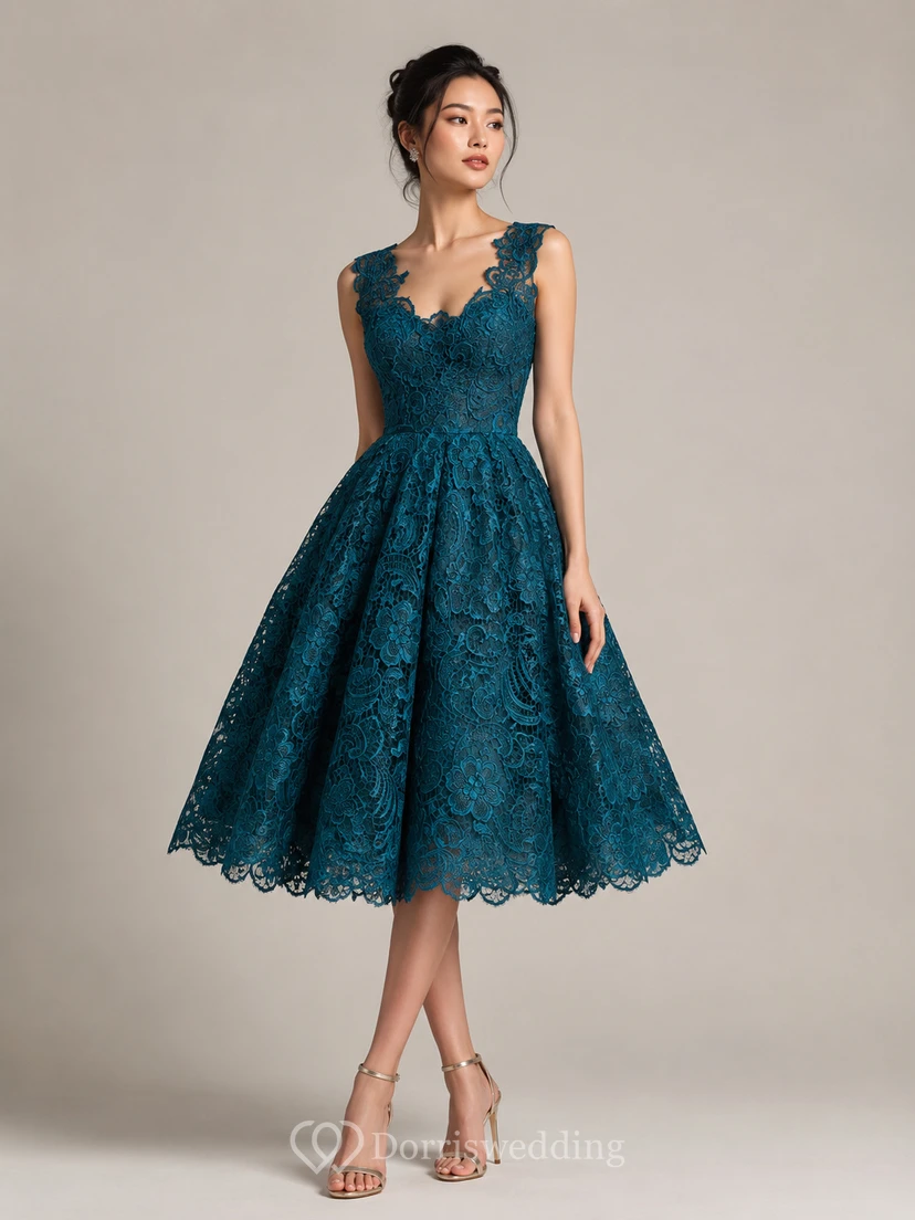 Low V Neckline A-line Knee Length Lace Dress view 6