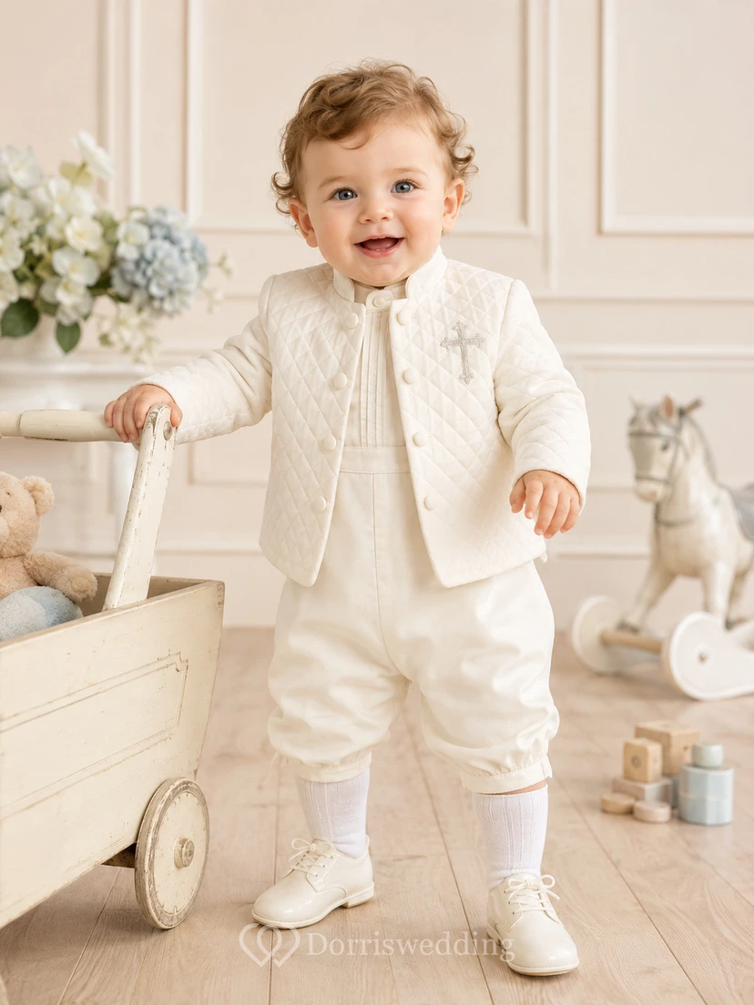 Ivory Quilted Mandarin Collar Long Sleeve Baptism Suit Set for Baby Boy