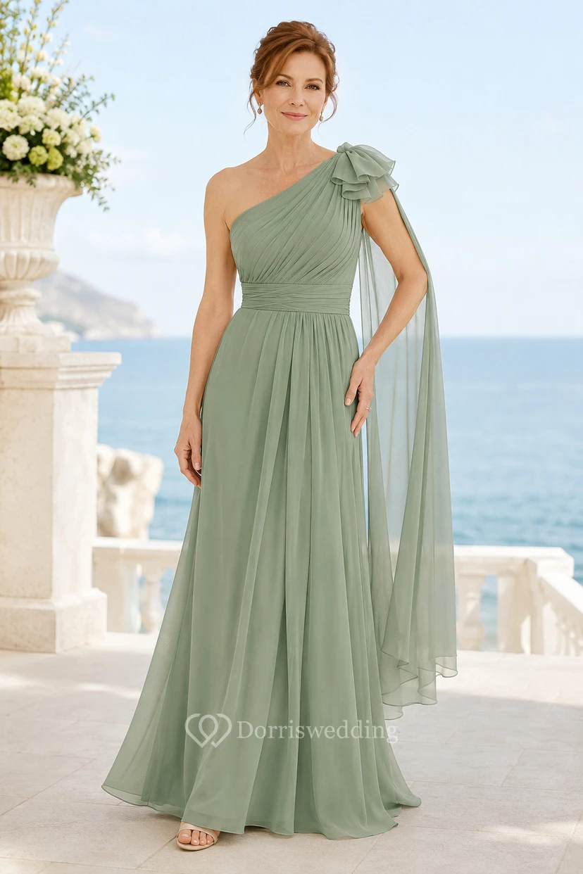 Salbeigrünes, einseitig schulterfreies Chiffon-Kleid in A-Linie mit floralem Cape-Detail