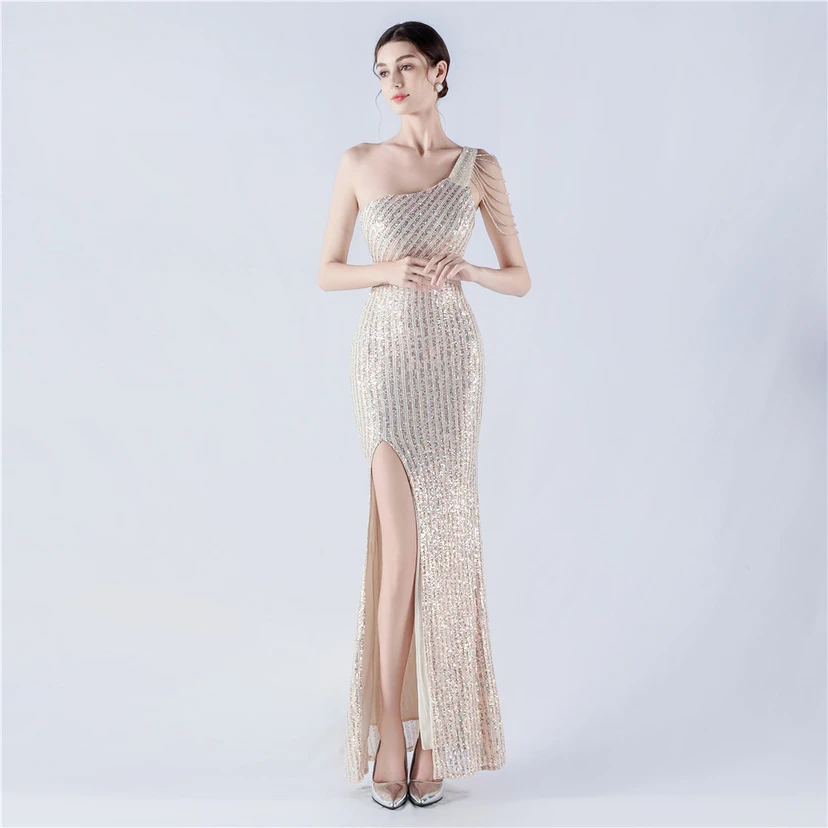 Heavy Beaded One-Shoulder Oblique Collar High Fork Sequin Dinner Dress view 19