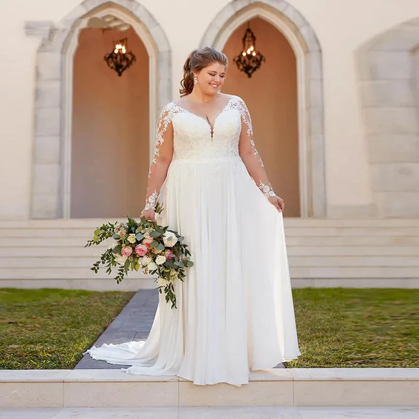 Plus-Size Lace A-Line Wedding Dress with Long Sheer Sleeves