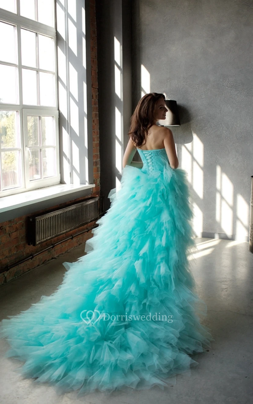 A-Line High-Low Sweetheart Sleeveless Tulle Ruffles Beading Lace-Up Dress view 2