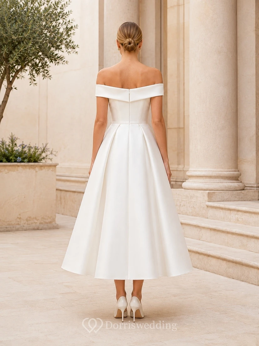 Off-Shoulder Sleeveless Satin A-Line Tea-Length Modern Wedding Dress view 2