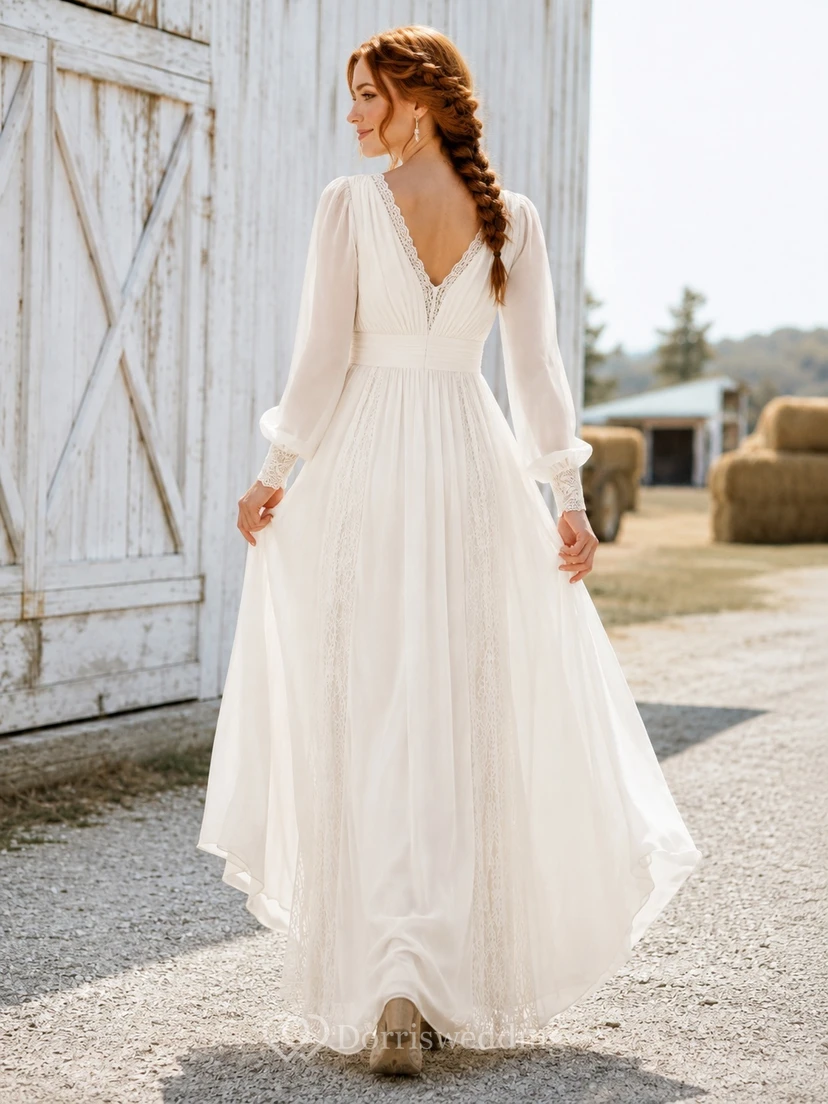 Western Boho Long Sleeve V-Neck Chiffon Empire A-Line Elopement Wedding Dress view 2