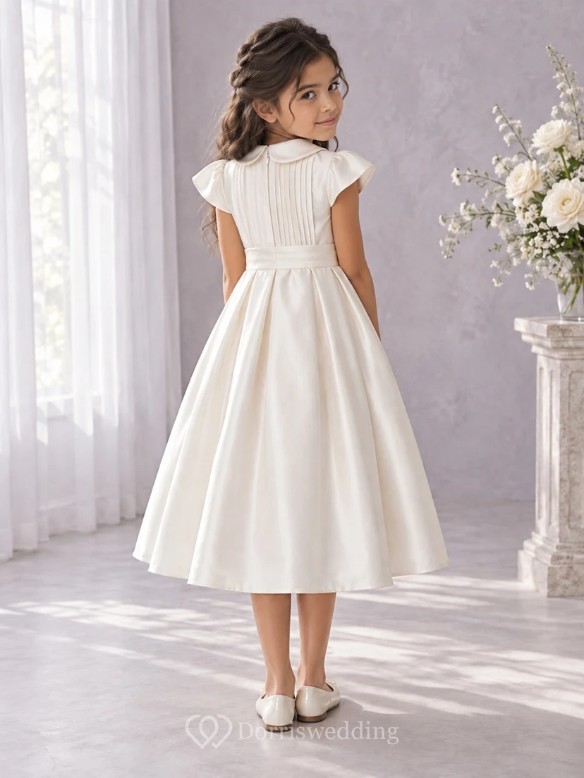 Tea-length Vintage Ivory A-line Satin Collared Pleated-bodice Ruffle-sleeve Flower Girl Dress view 2
