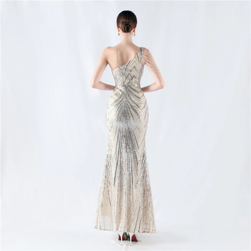 Positioning Flower Beaded Craft Beaded One-Shoulder Oblique Collar High Slit Evening Dress view 62