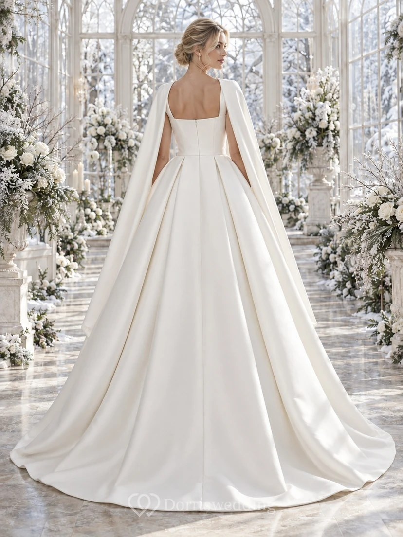 Vestido de novia sencillo de satén con cuello cuadrado, sin mangas y plisado tipo caja, estilo princesa. view 2