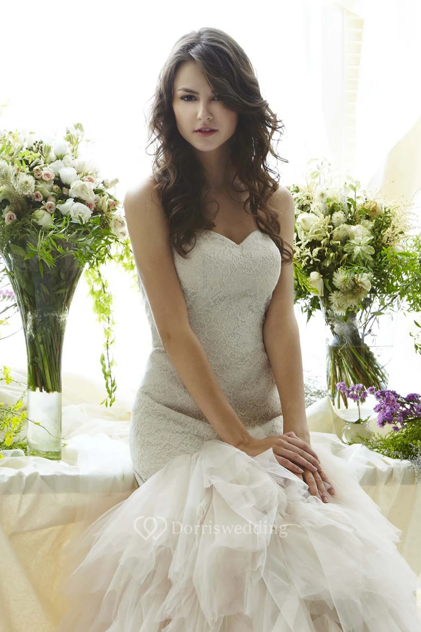 Floor-Length Mermaid Cascading-Ruffled Sleeveless Sweetheart Tulle Wedding Dress view 4