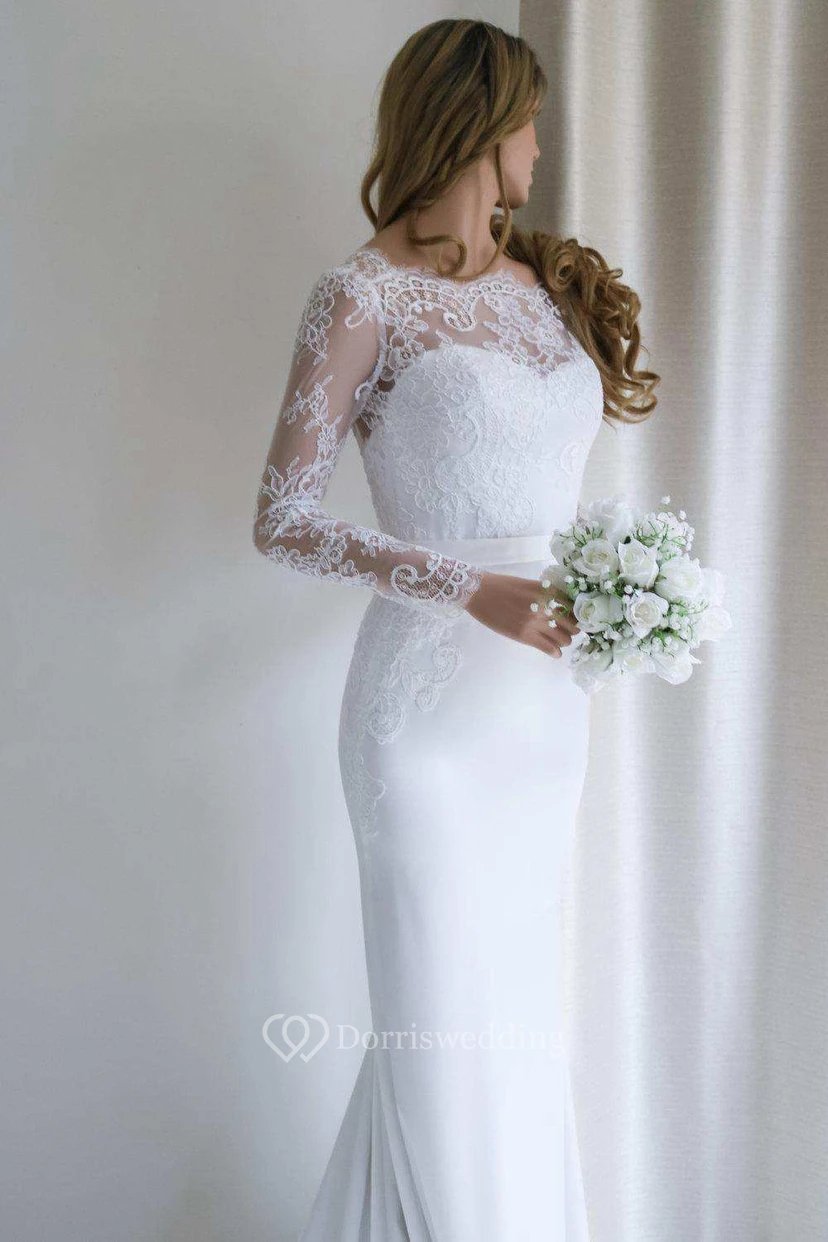 Bateau Lace Long Sleeve Sheath Chiffon Modest Wedding Dress With Sweep Train view 3