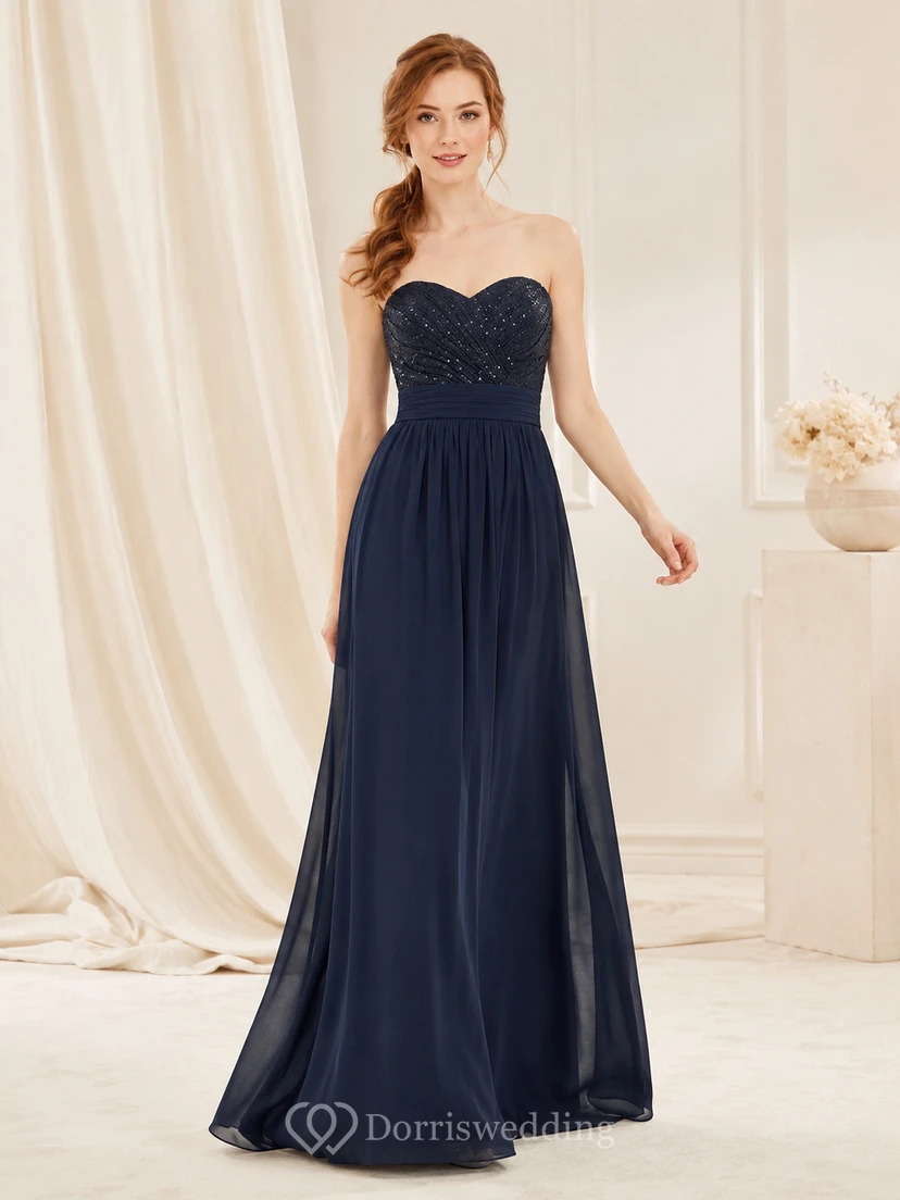 Navy strapless lace bodice chiffon floor length A-line dress