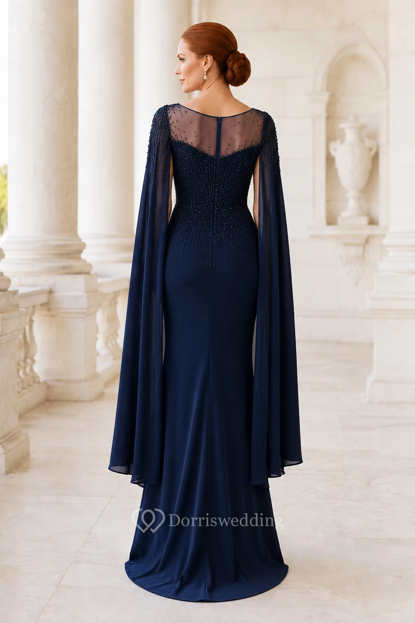 Dark Navy Illusion Cape Sleeve Sheath Mother of the Bride Dress view 2
