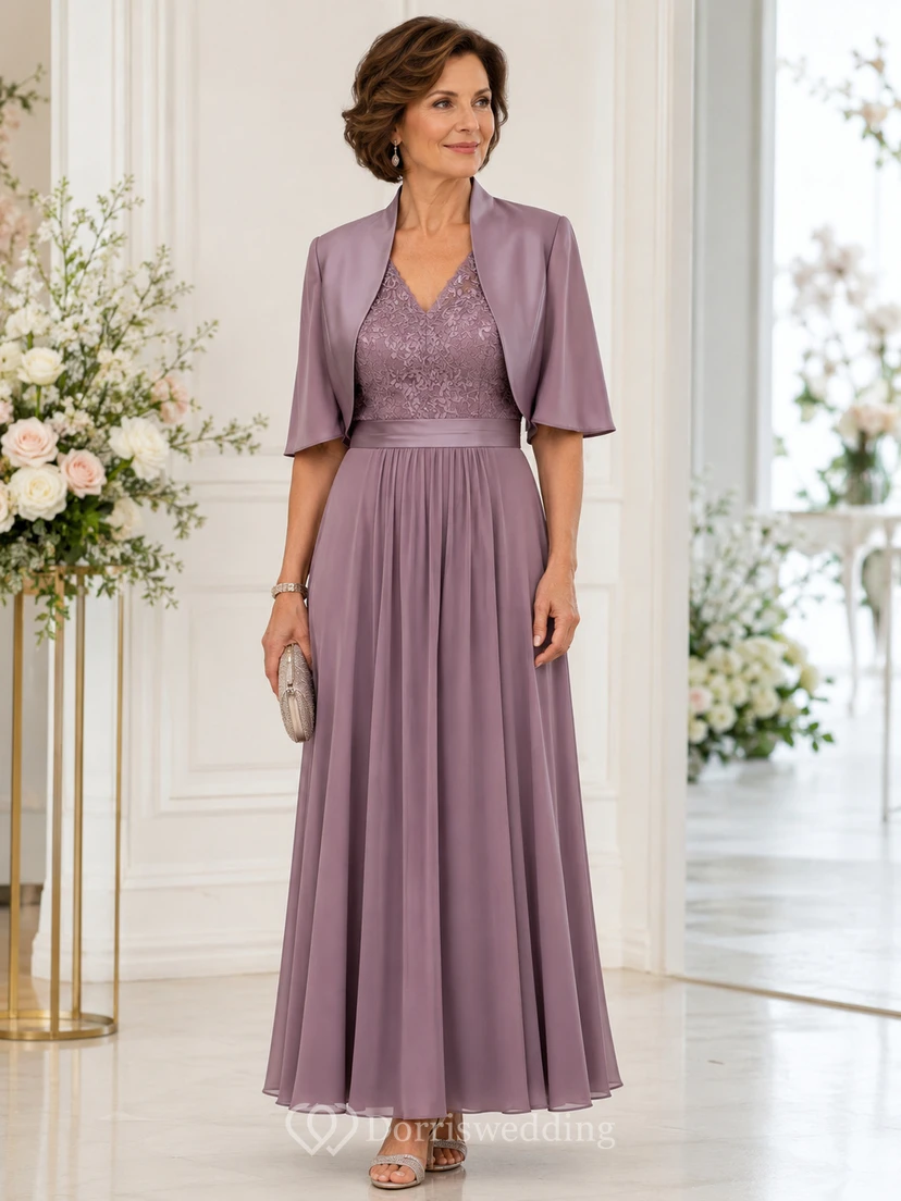 A-Line V-Neck Short Sleeve Chiffon Mother Dress with Lace