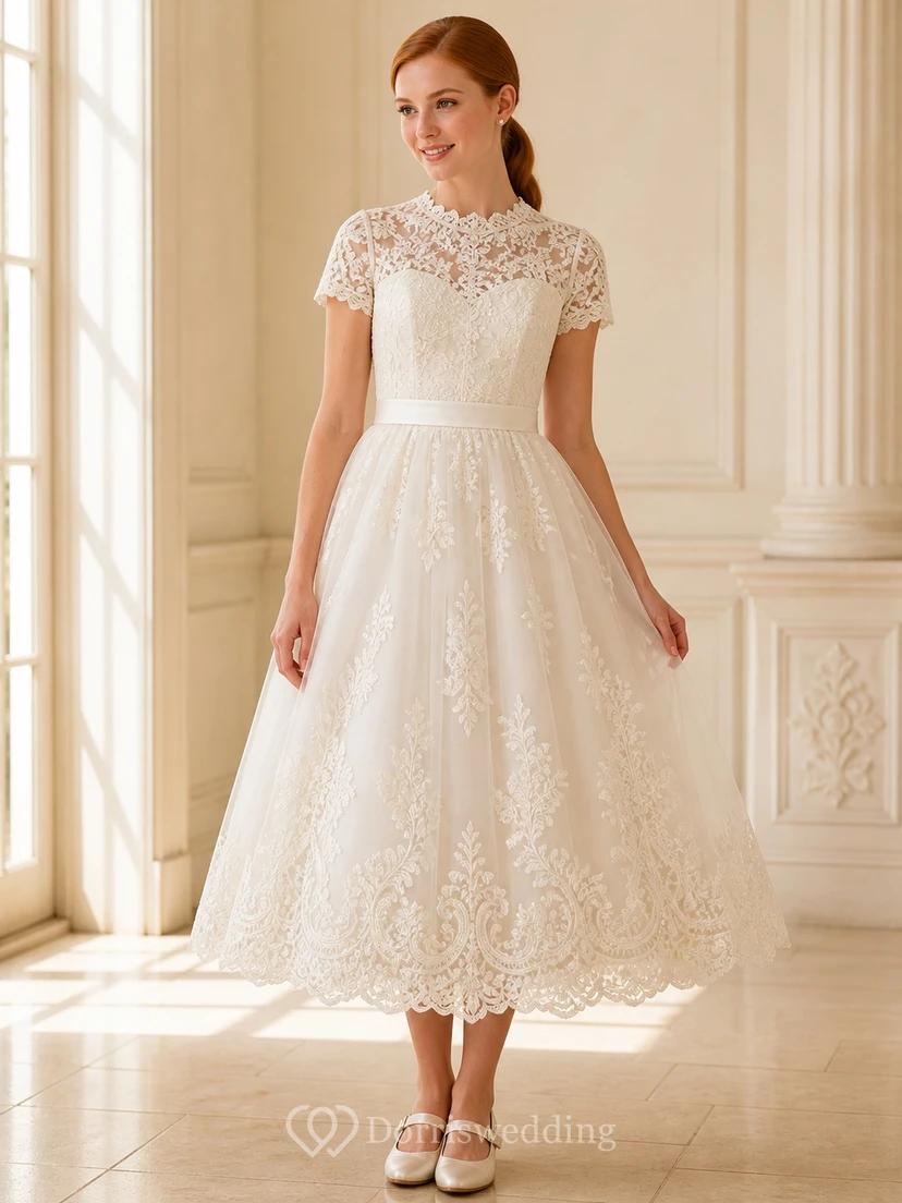 Vestido de novia civil vintage de corte A hasta la rodilla con cuello alto y estilo capitoné.