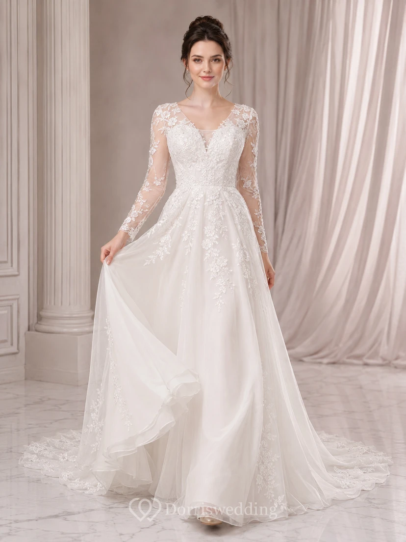Langärmeliges A-Linien-Hochzeitskleid aus Spitze mit V-Ausschnitt und Spitze, aus dem Studio
