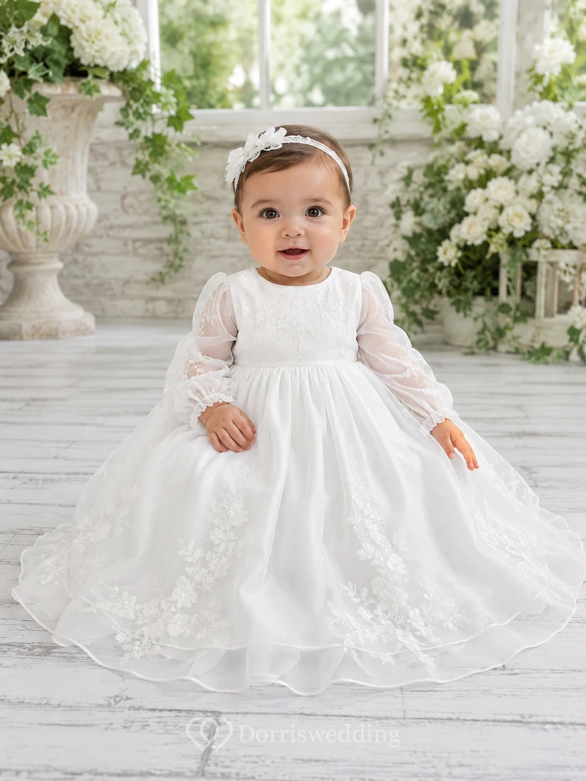 Schlichtes Taufkleid für Babys, A-Linie, bodenlang, mit Rundhalsausschnitt, langen Ärmeln, Tüll, Schleife am Rücken, Knopfleiste am Rücken