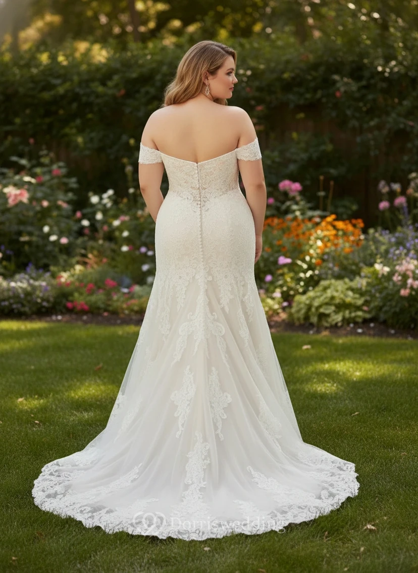 Plus Size Lace Off-the-Shoulder Sweetheart Mermaid Wedding Dress view 2