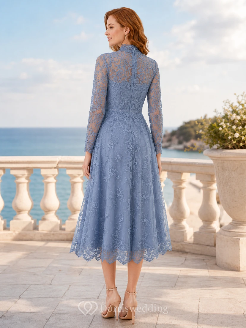 Robe de thé en dentelle bleu acier à col montant view 2