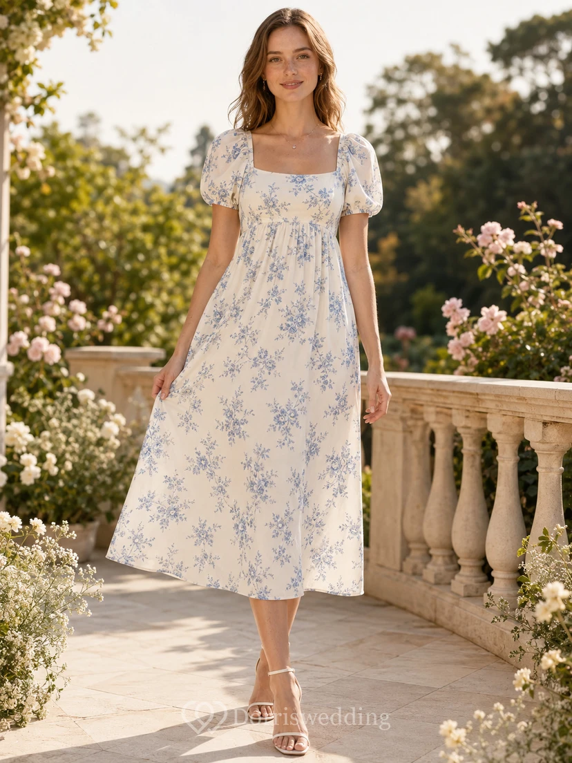 Bluebell Empire Ivory Tea-Length Square Short-Sleeve Cotton Vintage Guest Dress