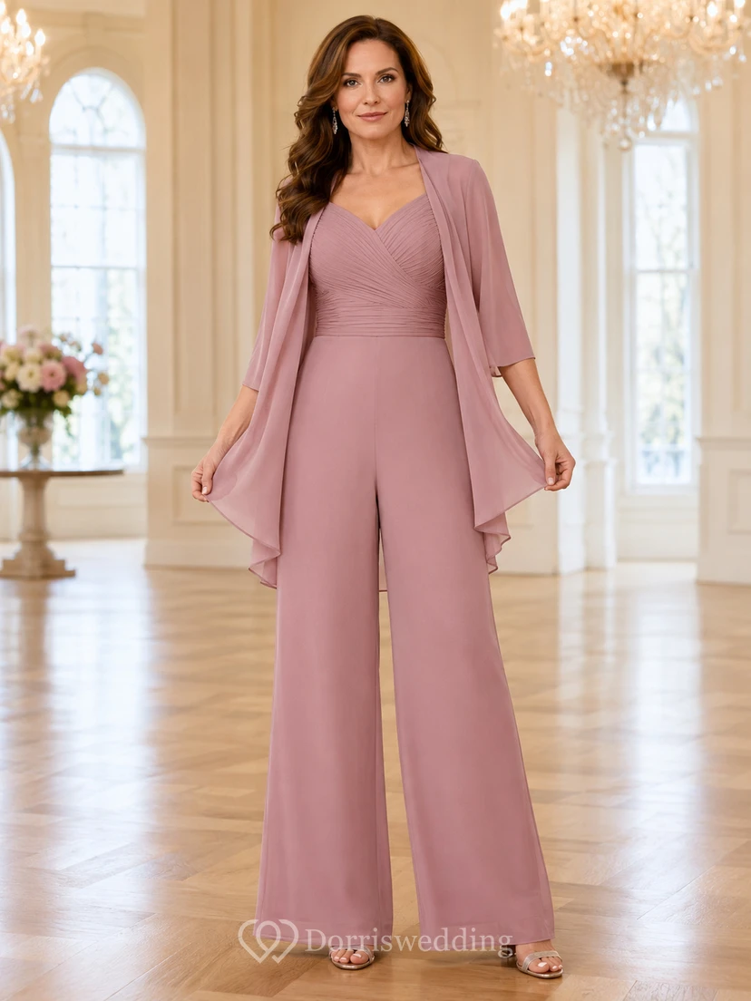 Dusty Rose Mother Pantsuit with V Neck Chiffon Cape Jacket and Wide Leg Pants