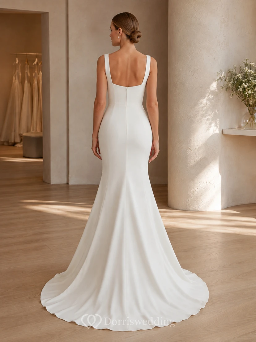 Robe de mariée moderne et minimaliste en crêpe, coupe sirène, encolure carrée simple, bretelles larges et traîne. view 2