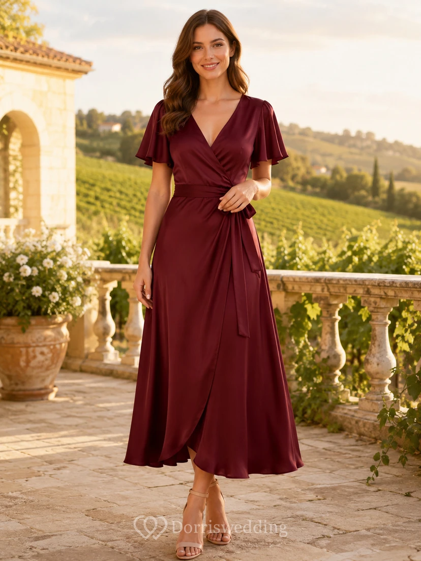 Burgundy V Neck Flutter Sleeve Satin Wrap Midi Guest Dress
