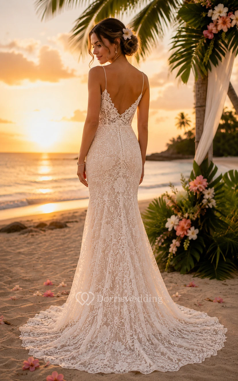 Beach Mermaid Lace Wedding Dress with Spaghetti Straps and Low Back Train view 2