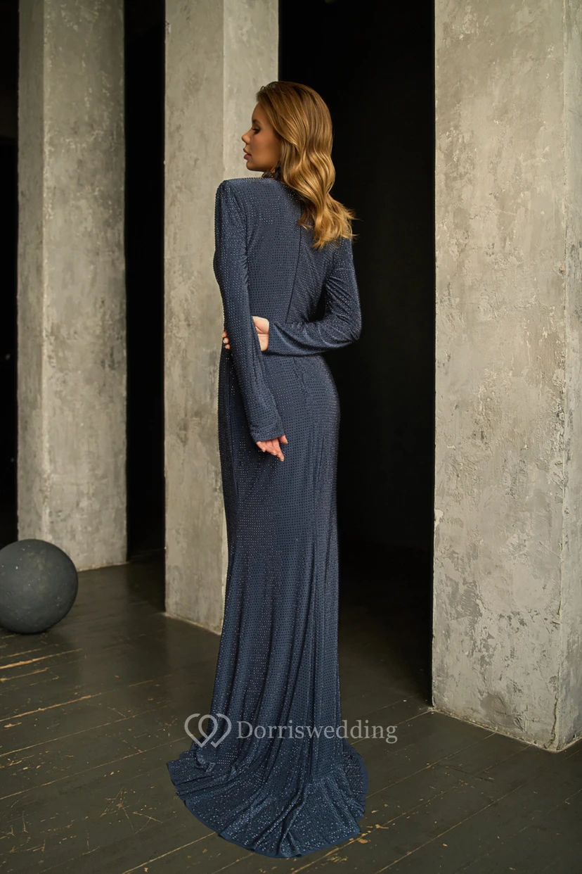 Elegant Ruched Long Sleeve Front Split Sheath Dress view 11
