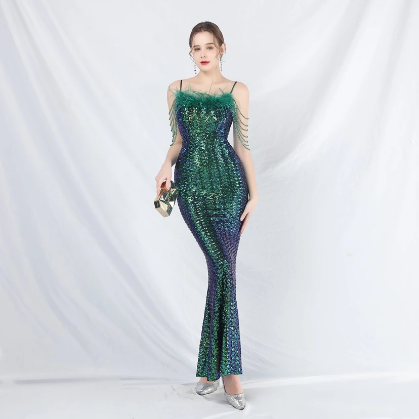 Craft Beaded Ostrich Feather Fantasy Sequined Long Evening Dress view 3