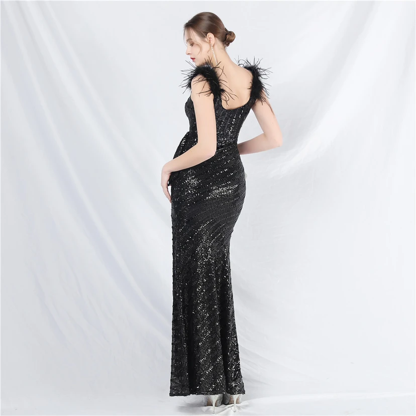 Evening Dress Craft Beaded Ostrich Feather Sequined Side Slit Evening Dress view 69