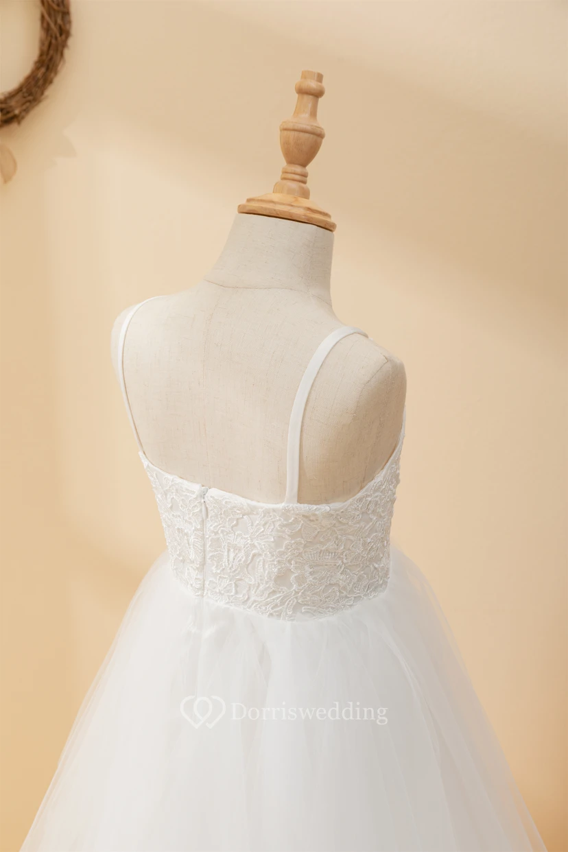 Casual Spaghetti Lace Top A-line Flowergirl Dress with Tulle Skirt view 9