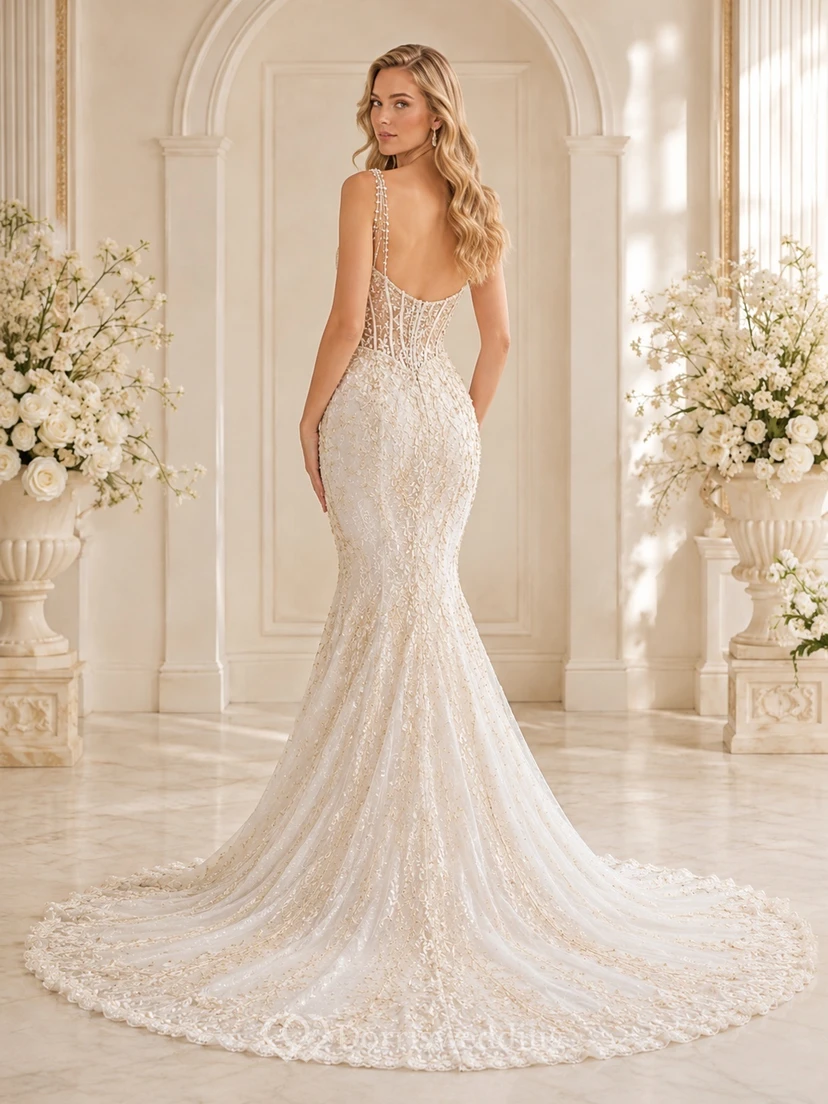 Goldenes, perlenbesetztes Meerjungfrauen-/Trompetenkleid mit herzförmigem Ausschnitt, ärmellos, bodenlang, mit Schleppe – ein luxuriöses Brautkleid view 2