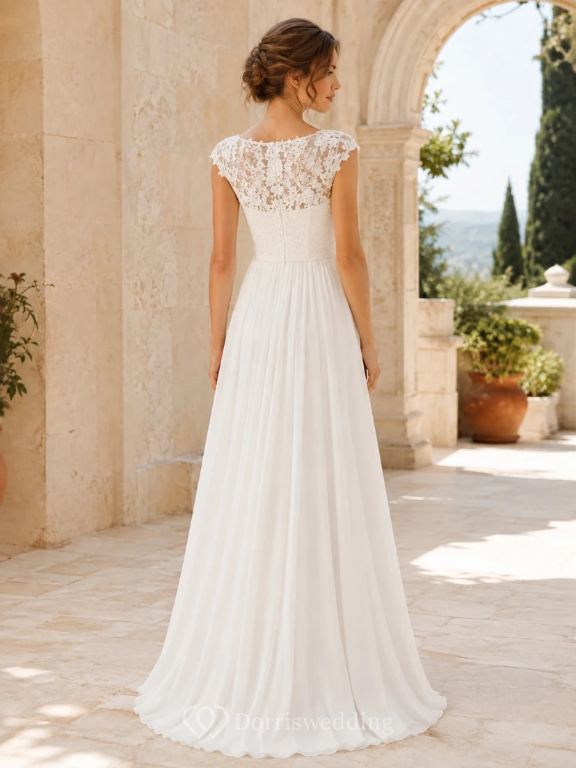 Elegantes Brautkleid aus Chiffon mit kurzen Ärmeln, A-Linie und bodenlang, aus Spitze und Spitze view 2