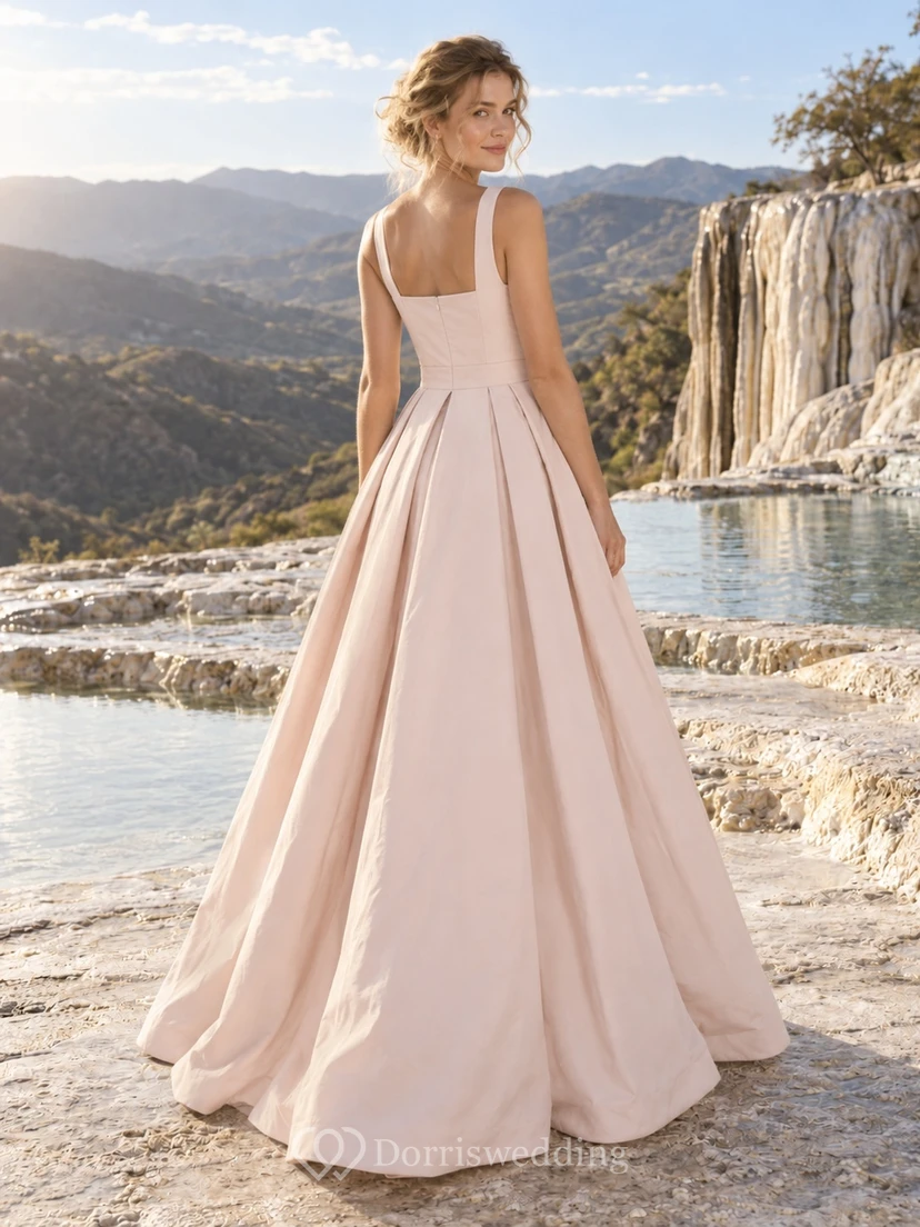 Vestido de novia sencillo de popelina de algodón color rosa empolvado con escote cuadrado y falda plisada de corte A sin mangas. view 2