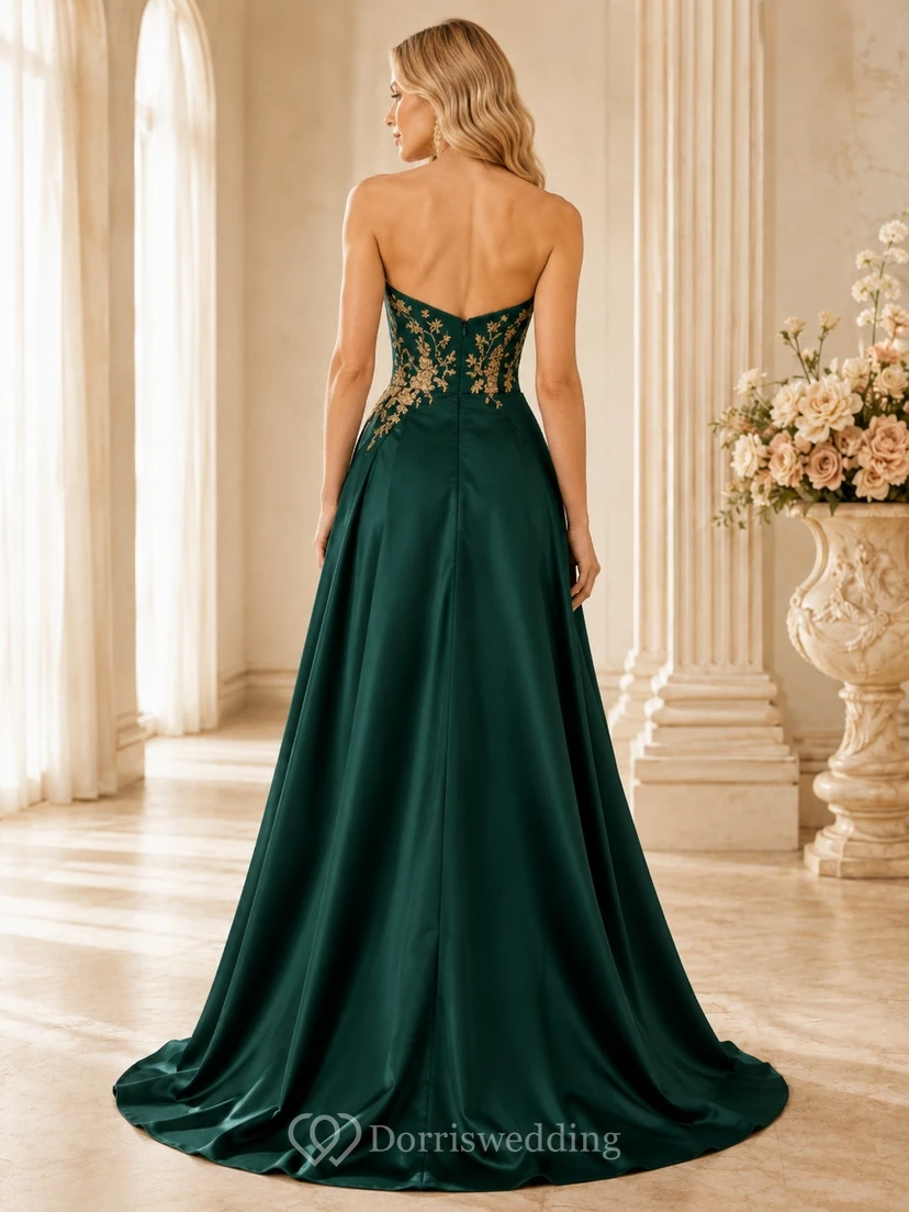 Dark Green Gold Floral Applique Strapless Sweetheart Satin A-Line Sweep Train Evening Gown view 2