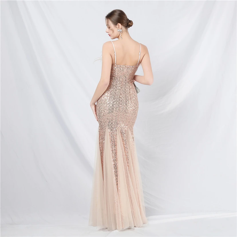 Craft Ostrich Feather Mesh Sequined Long Evening Dress view 51