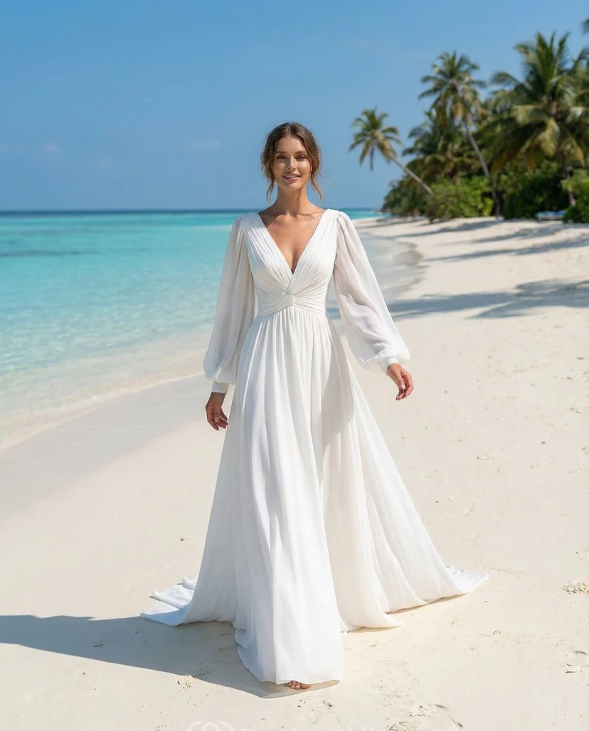 Robe de mariée de plage en mousseline, coupe trapèze, décolleté en V profond, manches longues