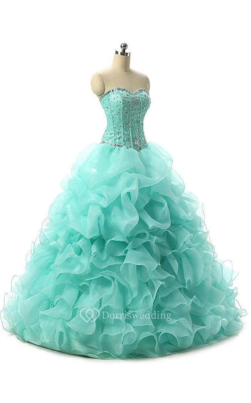 Vestido de gala largo hasta el suelo, escote corazón, sin mangas, volantes, lentejuelas y organza view 13