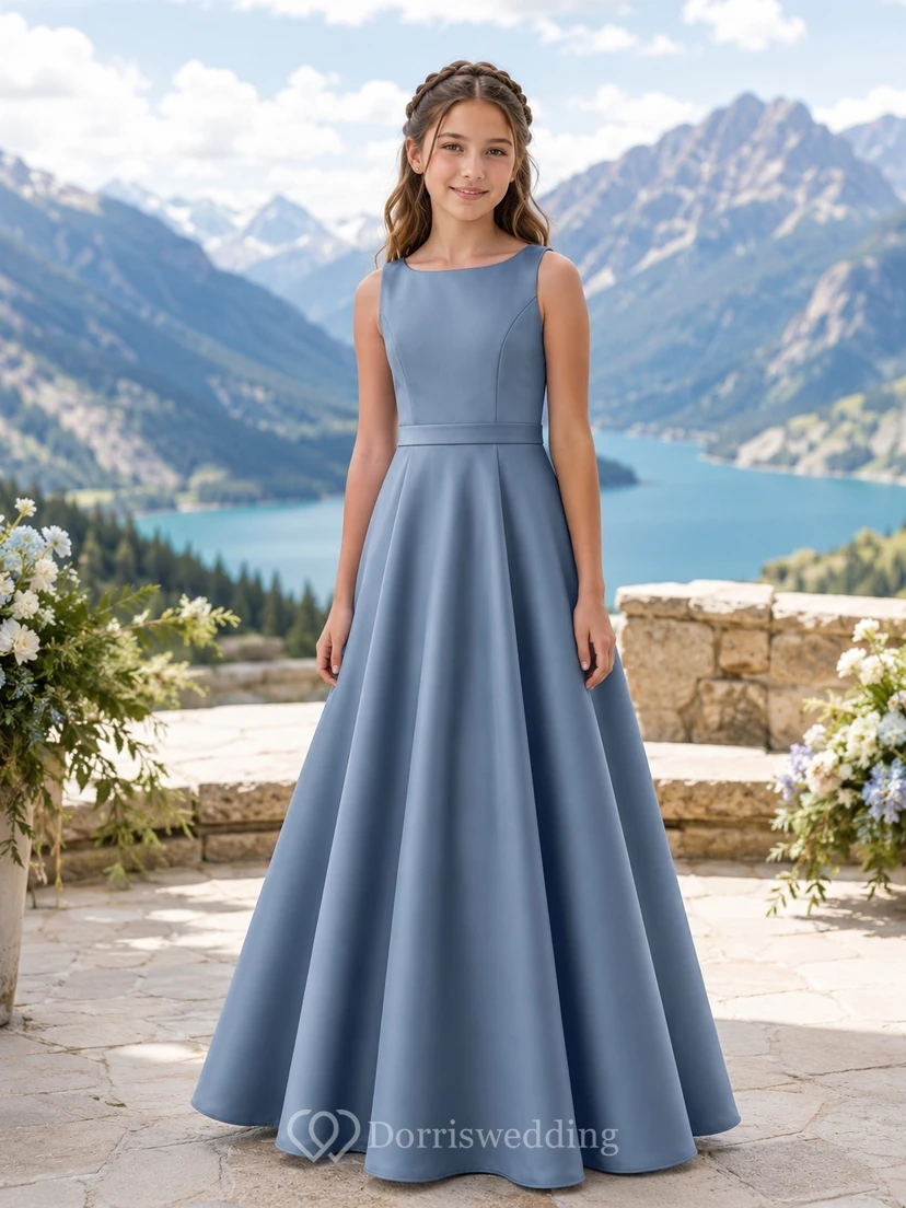 Stahlblaues Brautjungfernkleid für junge Mädchen, A-Linie, U-Boot-Ausschnitt, ärmellos, romantisch